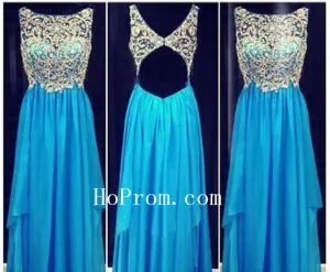 Blue Prom Dresses,Gold Applique Prom Dress,Evening Dresses