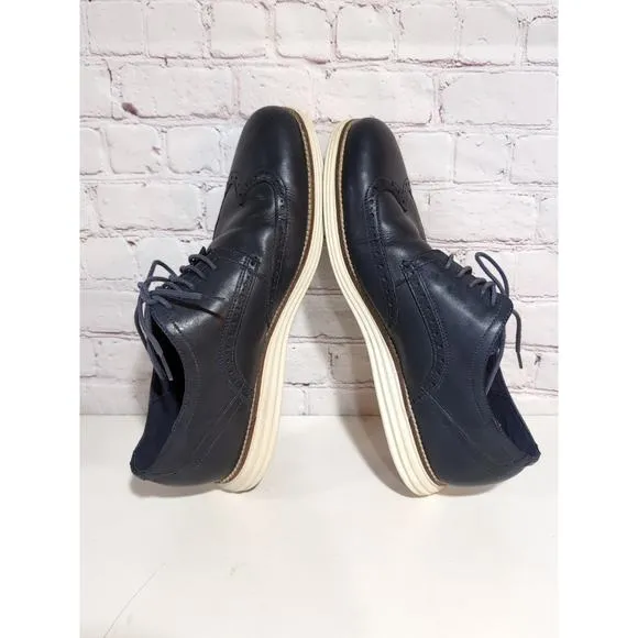 Cole Haan Original Grand US 12 Navy Blue Leather White Sole Oxford Wingtip Shoe