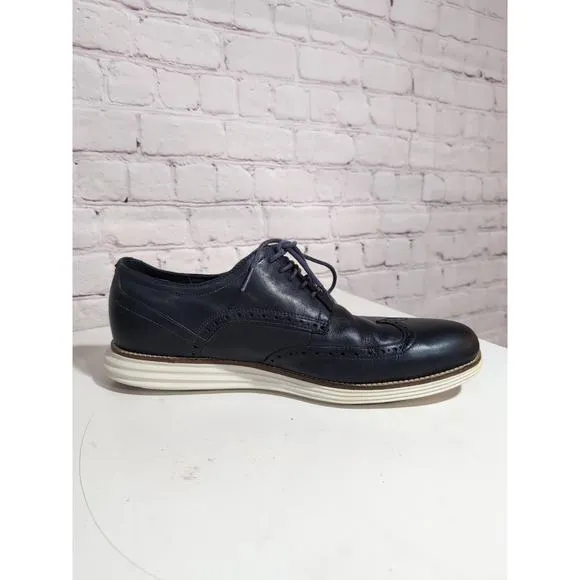 Cole Haan Original Grand US 12 Navy Blue Leather White Sole Oxford Wingtip Shoe