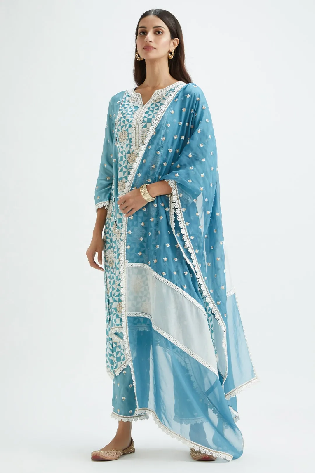 Mulmul Cupro Silk Derby Teal Kurta With Derby Teal Pant